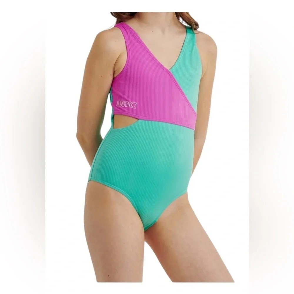 Justice Teal Purple Ribbed Cutout One Piece Swimsuit Girl’s size L(12-14) New